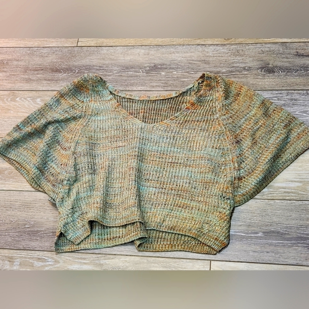 By Anthropologie multicolor linen blend flutter sleeve crop sweater
